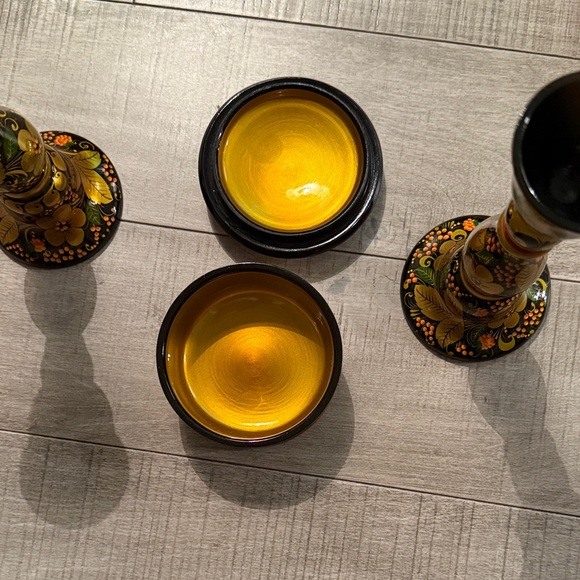 Russian Khokhloma wooden candlestick holders and trinket box set - Picture 2 of 8